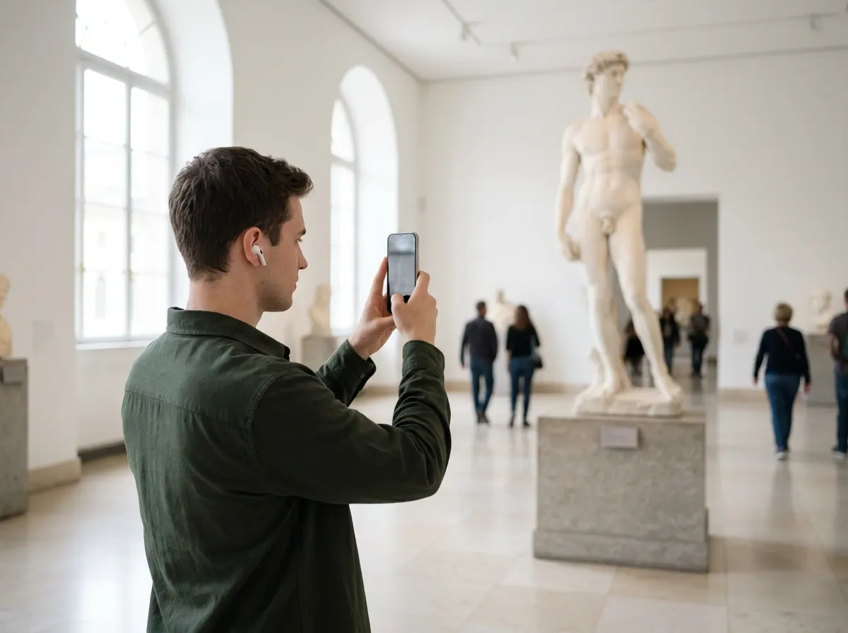 A visitor wearing earbuds photographs a marble sculpture with their phone.