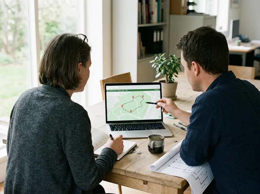 Two museum staff plan a tour on a laptop showing a park map with a route and stops marked in red.