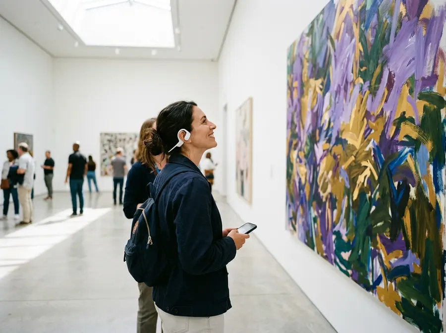 A visitor wearing open-ear earphones smiles up at a large colourful painting.
