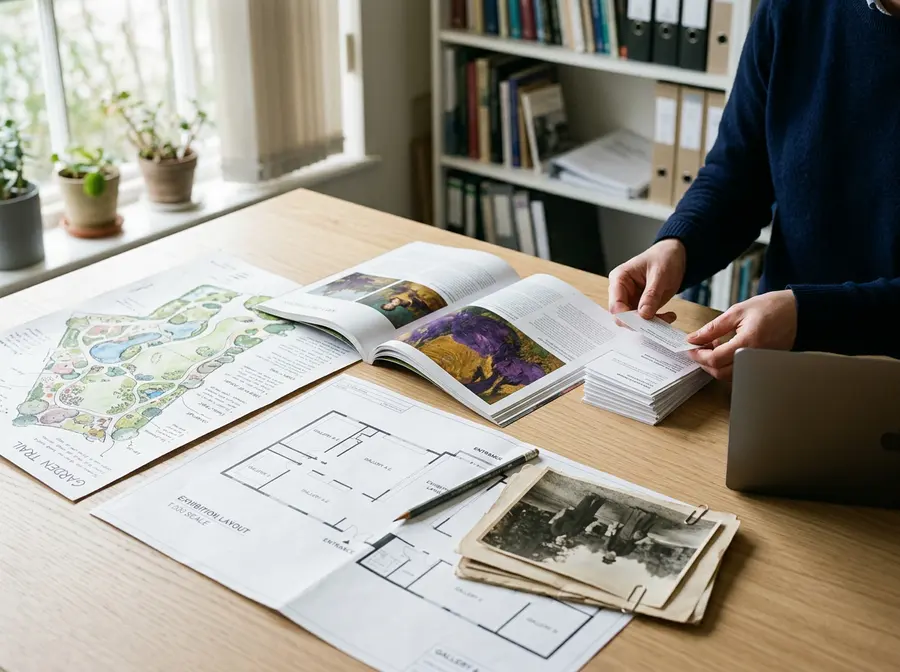 A curator gathers an exhibition catalogue, wall labels, a gallery floorplan and a garden trail map on a desk.