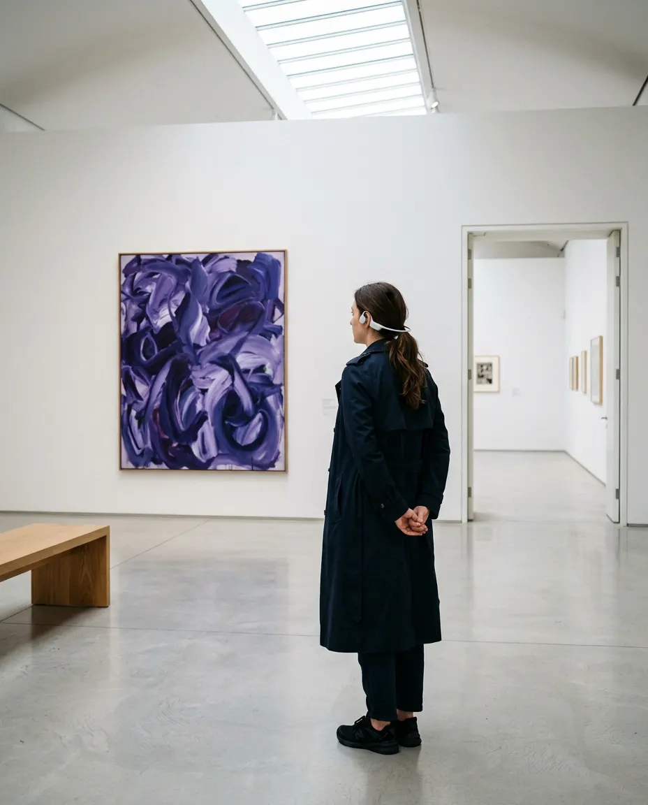 A visitor wearing open-ear earphones stands in a quiet white gallery, looking at a large violet painting.
